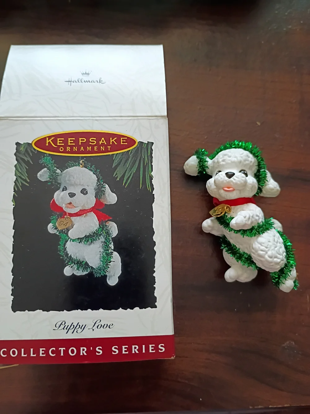 1994 Hallmark White Puppy Ornament with Green Tinsel and Red Collar